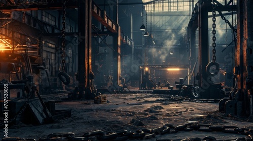 Dangling chains metal beams and glowing forges line the walls of the dimly lit workshop lending a gritty and industrial feel. The . . photo
