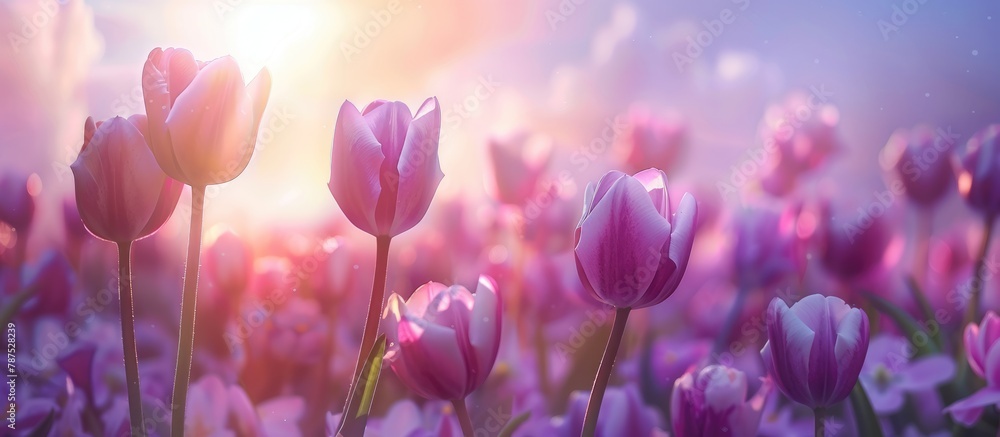 Arrange purple tulips together in front of the sky. Scene of spring. - obrazy, fototapety, plakaty 
