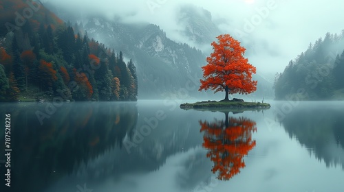 Autumn tree in the lake is reflected with mountains photo