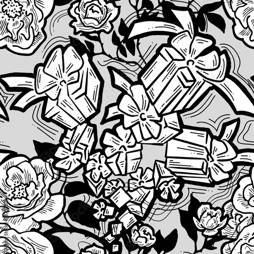 Gift box, ribbon and flowers seamless pattern for wrapping present with bow, party celebration, sale promotion, Textile print, fabric design, banner background. Hand drawn illustration cartoon style.