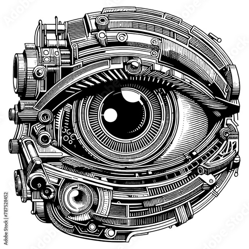 Artificial mechanical eye, prosthetics in medicine, future technologies. Vector, generative ai.