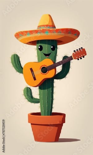 Cactus with sombrero and guitar. Cinco de mayo illustration photo