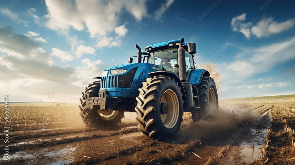 Modern Farming: Blue Tractor Plowing Fields Under a Sunny Sky Modern Farming: Blue Tractor Plowing Fields Under a Sunny Sky