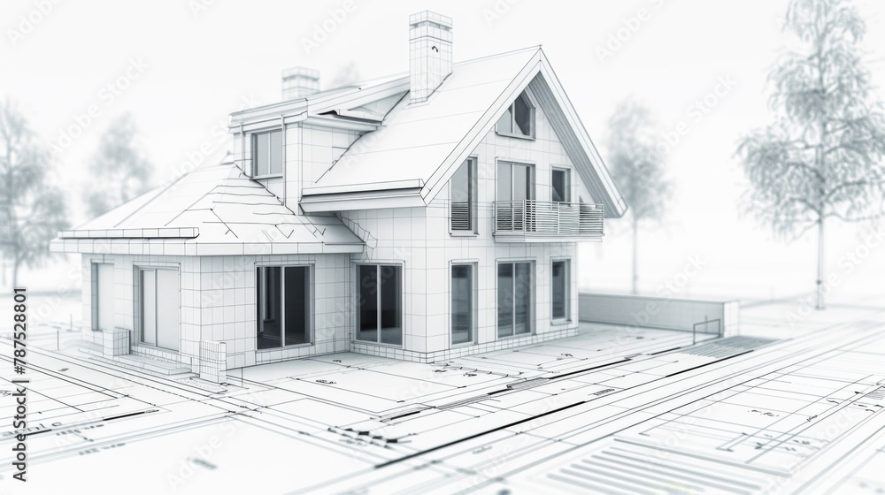 3D house plan on illustrative house map, building and real estate ownership concept 3D house plan on illustrative house map, building and real estate ownership concept