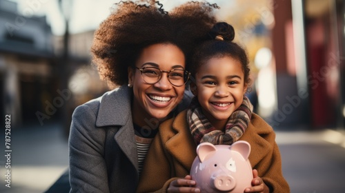 Smiling Mother and Daughter Holding Piggy Bank Outdoors photo