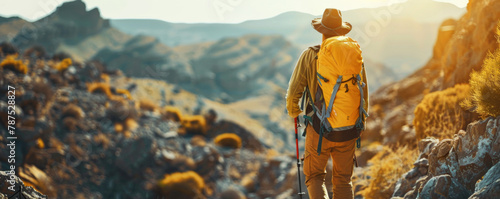 Hiker with backpack and trekking poles on the trail in the mountains 