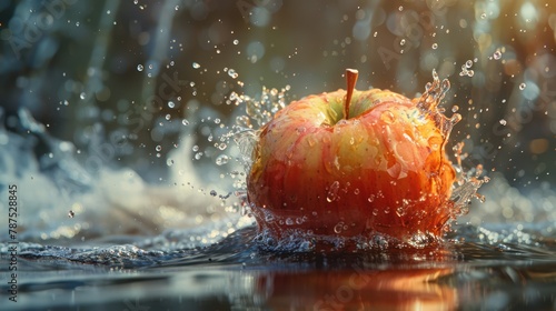 Red apple falling into water with splash and drops of water on the background