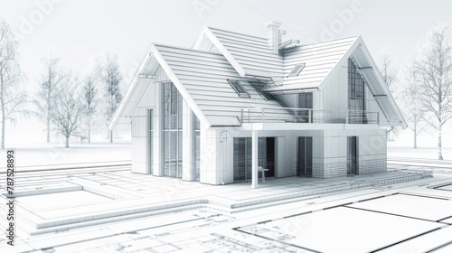 3D house plan on illustrative house map, building and real estate ownership concept