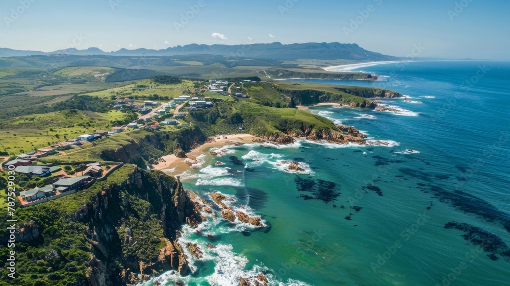 A sprawling coastal landscape with crystal clear waters and sandy beaches contrasts against the vibrant greenery of the Garden Route. . AI generation.