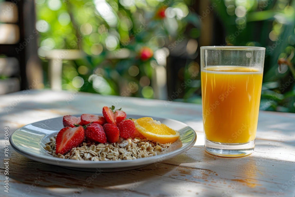 Healthy breakfast setting, oatmeal and strawberries in plate, orange juice in glass on wooden table Healthy breakfast setting, oatmeal and strawberries in plate, orange juice in glass on wooden table