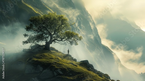 3D Illustration of landscape with fancy concept which highlights a large tree on a rock and big rocks in the background with vegetation covered up by an atmosphere clouded