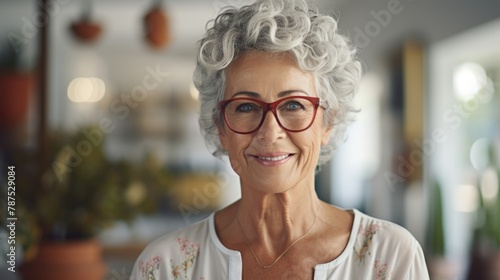 Radiant Elderly Woman with Stylish Glasses in a Cozy Home Setting