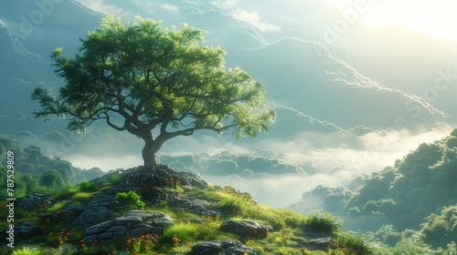 3D Illustration of landscape with fancy concept which highlights a large tree on a rock and big rocks in the background with vegetation covered up by an atmosphere clouded photo