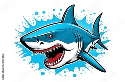 An intense illustration of a cartoon shark with a menacing grin  surrounded by water splashes