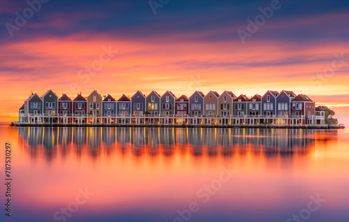 Houses above water, sunset sky, afterglow reflecting on lake