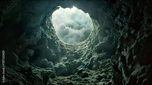 A view from the depths of a cavernous opening, revealing a glimpse of the cloudy sky above through the rough rocky textures of the cave's mouth.
