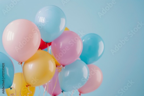 A bunch of colorful balloons on a light blue background, in a closeup view A web banner with empty space Generative AI