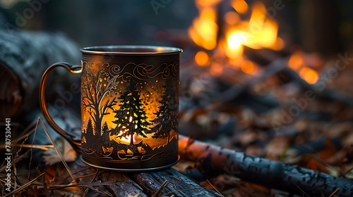 Focus: A metal mug with an intricate design rests on a wooden log. The mug features an artistic engraving of trees and a cabin, illuminated by the warm glow of the campfire