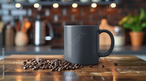 An empty bright back 15 ounce glass sits on the background of a coffee shop. The mug has no message or design. For displaying creative work or creating a personal brand photo