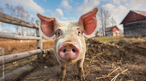 An endearing image featuring a charming pig looking directly at the camera with curious eyes, set against the backdrop of a rustic farmyard photo