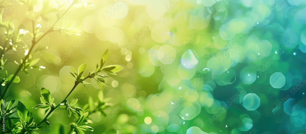 Fototapeta premium Spring background with blurred abstracts in green and blue hues.