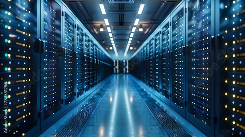 Futuristic Data Center: Heart of Digital Security. Concept Data Center Design, Cybersecurity Features, Cutting-Edge Technology, Network Infrastructure, Data Storage Solutions