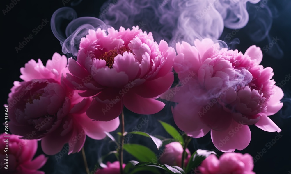 Pink peony flowers with smoke