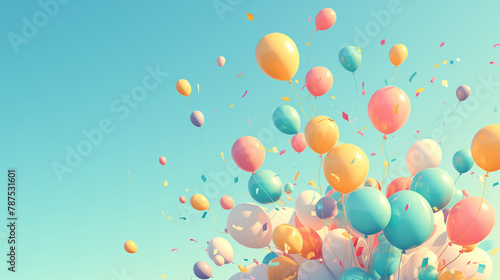 Bright explosion of balloons of various colors on the blue sky. Festive flight of multicolored balloons