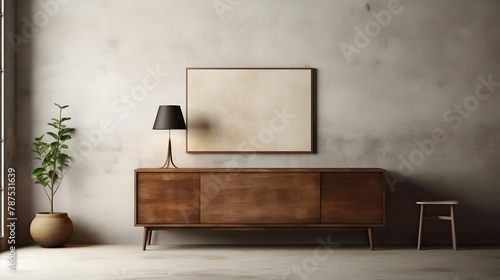 A wooden cabinet with vintage handles standing elegantly against a concrete wall, adorned with an empty blank mock-up poster frame, in a rustic-modern living room.