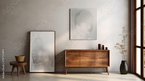 A scene of understated elegance, with a polished wooden dresser set against a rugged concrete backdrop, showcasing an empty blank mock-up poster frame, creating a focal point in the modern rustic livi
