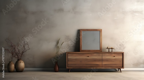 The interplay of light and shadow enhancing the allure of a wooden dresser against a textured concrete backdrop, with an empty blank mock-up poster frame adding a touch of contemporary flair to the ru