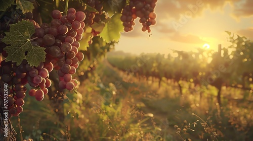 late summer vineyard at sunset, the vines heavy with clusters of ripe grapes, ready for harvest, pastoral and fruitful