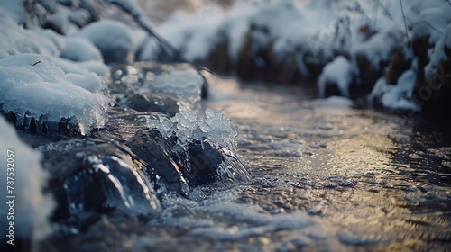 a highland stream in winter, ice forming along the water's edge, the cold air crisp and invigorating