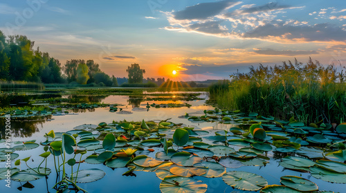 A calm pond with lily pads at sunset, polarizing filter to reduce reflections and enhance the colors of the sky and foliage photo