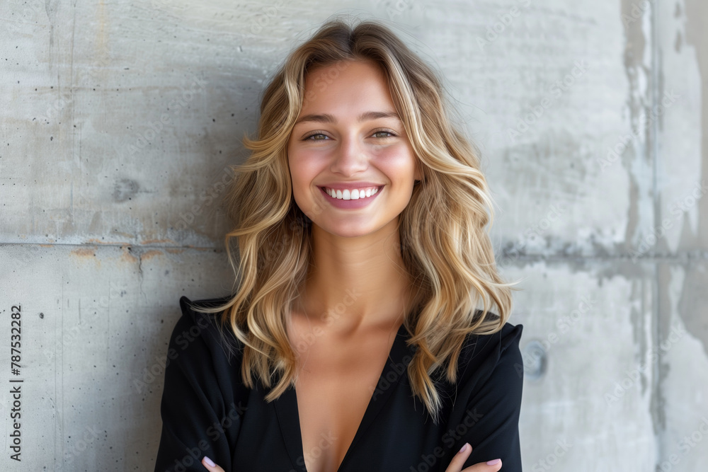 An image of a happy young woman poses against the gray background of a wall with copy space.