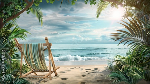 3D rendering, beach chairs on sandy beach with blue sky and sea background © MUS_GRAPHIC