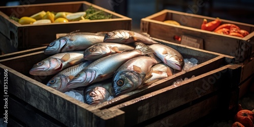 fresh seafood on market stalls Generative AI