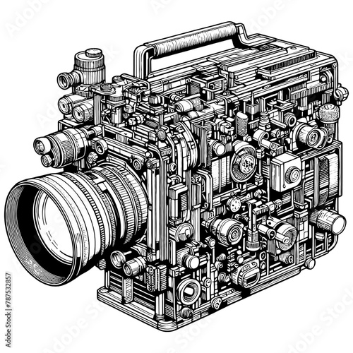 Old video camera with a complex mechanism. Sketch board imitation. Vector, generative ai.