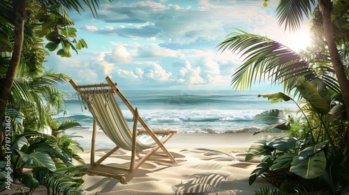 3D rendering  beach chairs on sandy beach with blue sky and sea background