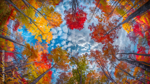 A canopy of autumn leaves viewed from below, fisheye lens to create a dramatic perspective of the colorful foliage against the sky