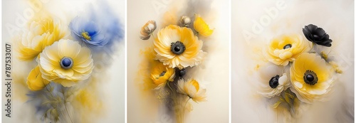 Tryptyk żółte kwiaty zawilce. Tło kwiatowe wiosenne. Obraz na ściane, dekoracja. Tapeta kwiatowa. Motyw kwiatowy