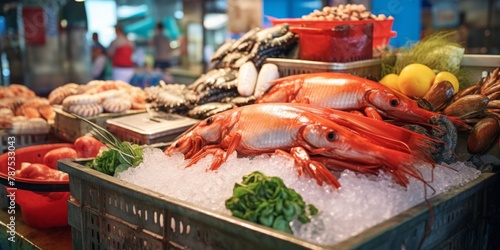 fresh seafood on market stalls Generative AI photo