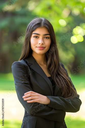 Woman in a black suit in the park