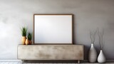 A scene of timeless beauty, with a meticulously crafted wooden cabinet standing in contrast to a weathered concrete wall, featuring an empty blank mock-up poster frame, inspiring creativity in the mod