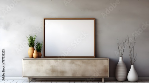 A scene of timeless beauty, with a meticulously crafted wooden cabinet standing in contrast to a weathered concrete wall, featuring an empty blank mock-up poster frame, inspiring creativity in the mod