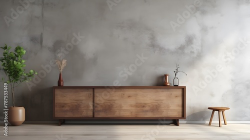 A symphony of natural and industrial elements, as a sturdy wooden cabinet complements a rugged concrete wall, with an empty blank mock-up poster frame providing a focal point in the modern rustic inte photo
