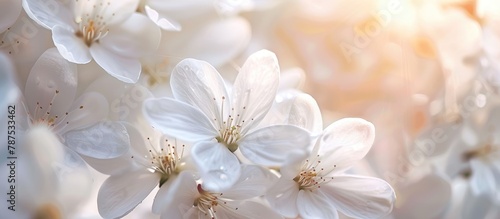 Background of white flowers with a close-up view of the delicate texture of white petals. A gentle and ethereal picture.