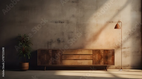 A study in contrasts, with a refined wooden cabinet standing against a raw concrete surface, featuring an empty blank mock-up poster frame, adding an element of intrigue to the modern rustic interior.