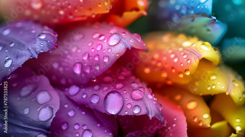 A close-up of raindrops on a colorful tulip, macro lens with a water-resistant coating to capture the clarity of the droplets and vibrant petal details