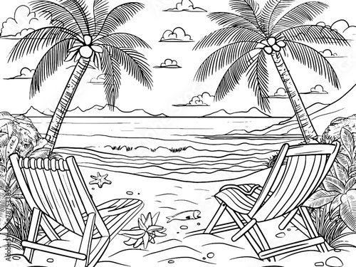 Cartoon Sandy beach on exotic island, summer vacation. Children coloring book. Generative ai.